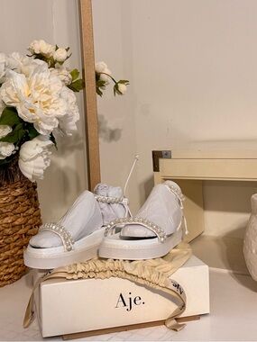 Aje White Pearl-Trim Platform Sandals